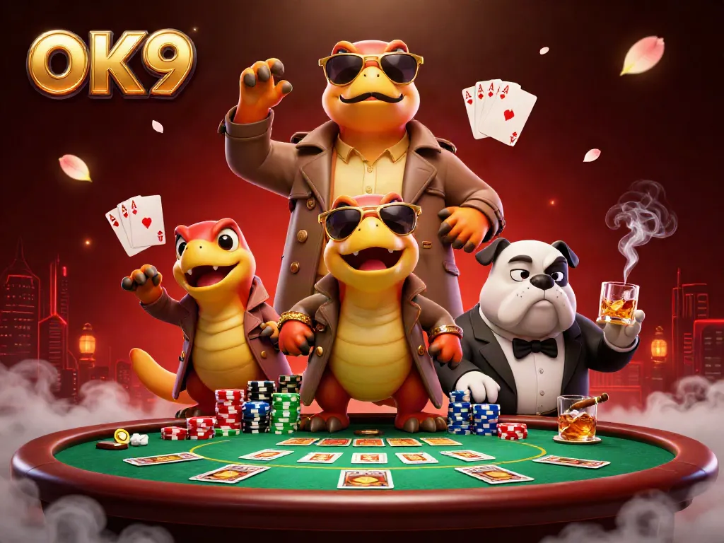 Experience thrilling poker action at OK9 with disguised raptors and a suspicious bulldog in an electrifying casino setting.