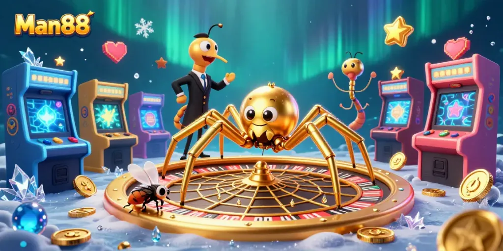 Man88 players spin on an oversized roulette wheel surrounded by colorful gaming elements and 3D effects.