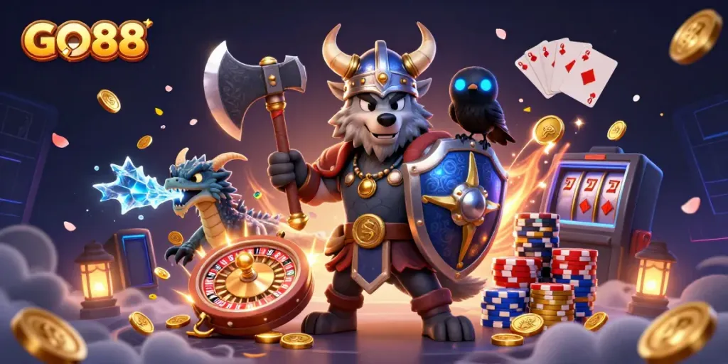 Experience the thrill of the GO88 casino with a dynamic Viking warrior, dragon, and casino elements.