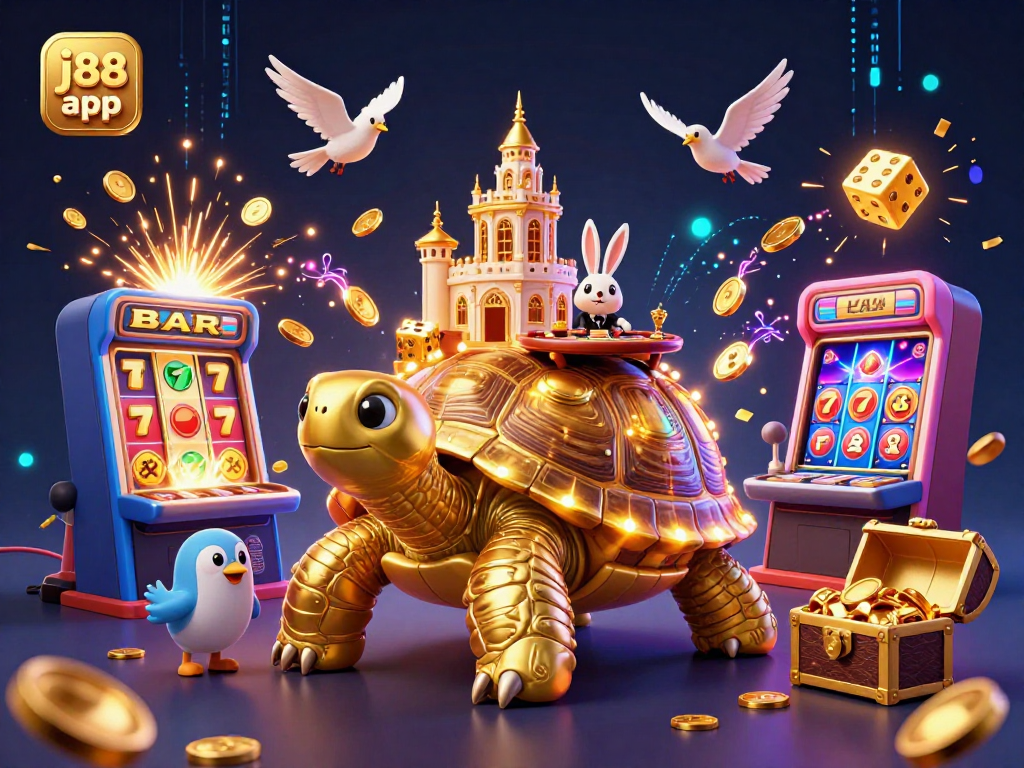 Experience thrilling wins with j88 app at a vibrant 3D casino, featuring golden coins and slot machines.
