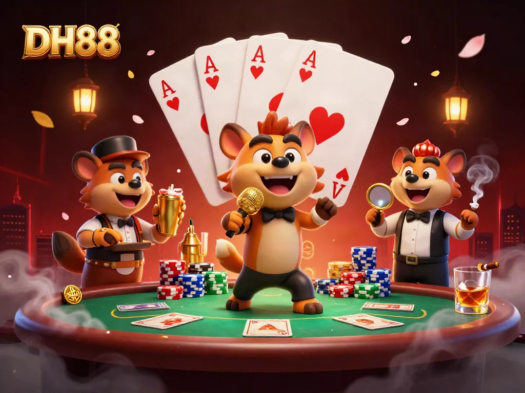 Join the laughter and excitement at DH88's casino club led by hyenas in a vibrant gaming scene.