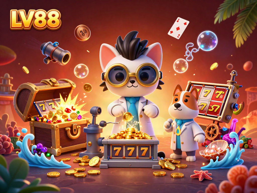 Win big at LV88 with our cartoon mad scientist cat creating a gold-coin-replication machine in a vibrant casino scene.