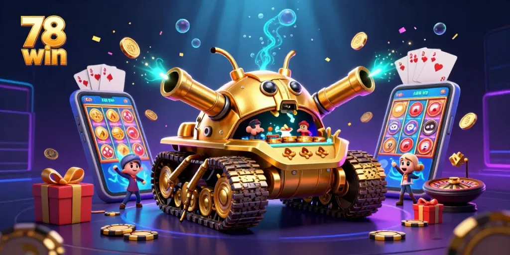 Experience the excitement of 78 win with a stunning 3D casino scene featuring fun gaming elements.