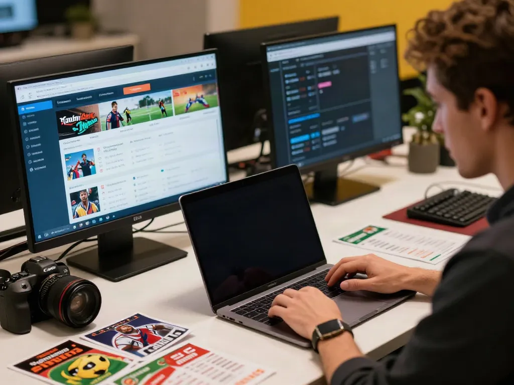 Engaging scene of betting sites not on GamStop with a person exploring options on a laptop amid sports memorabilia.