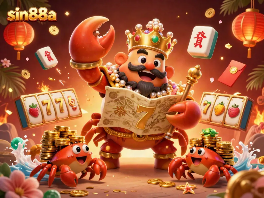 Win big at sin88a with a golden crab emperor holding treasures and surrounded by casino elements.