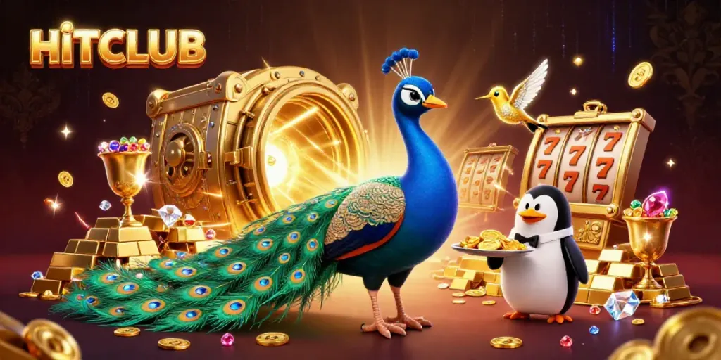 Experience HITCLUB's vibrant casino scene with treasures and slot reels in a lavish 3D illustration.