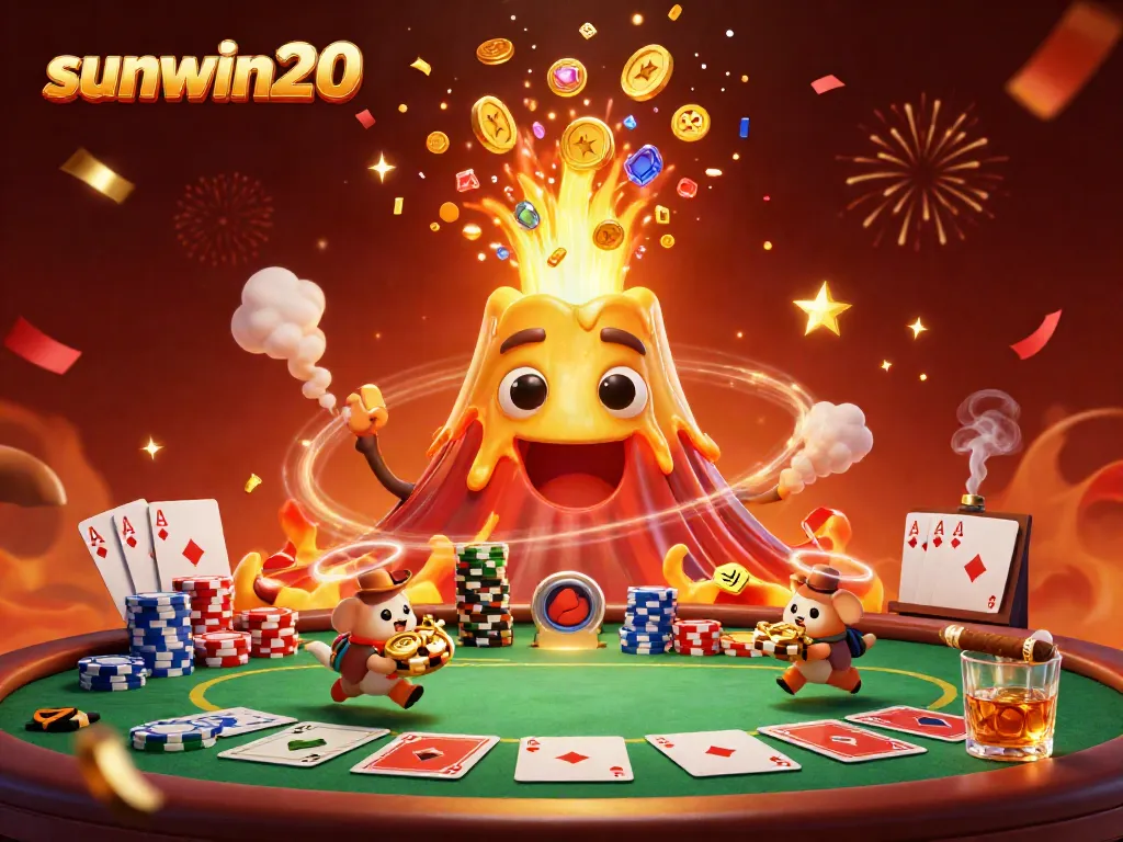 Experience the excitement of sunwin20 with characters celebrating around a volcano erupting treasures.