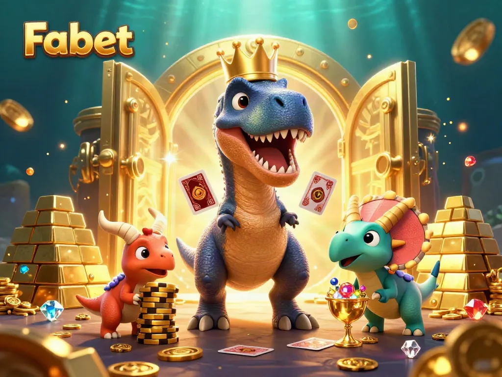 Fabet showcases fun betting with T-Rex dealing cards and baby triceratops stacking chips.