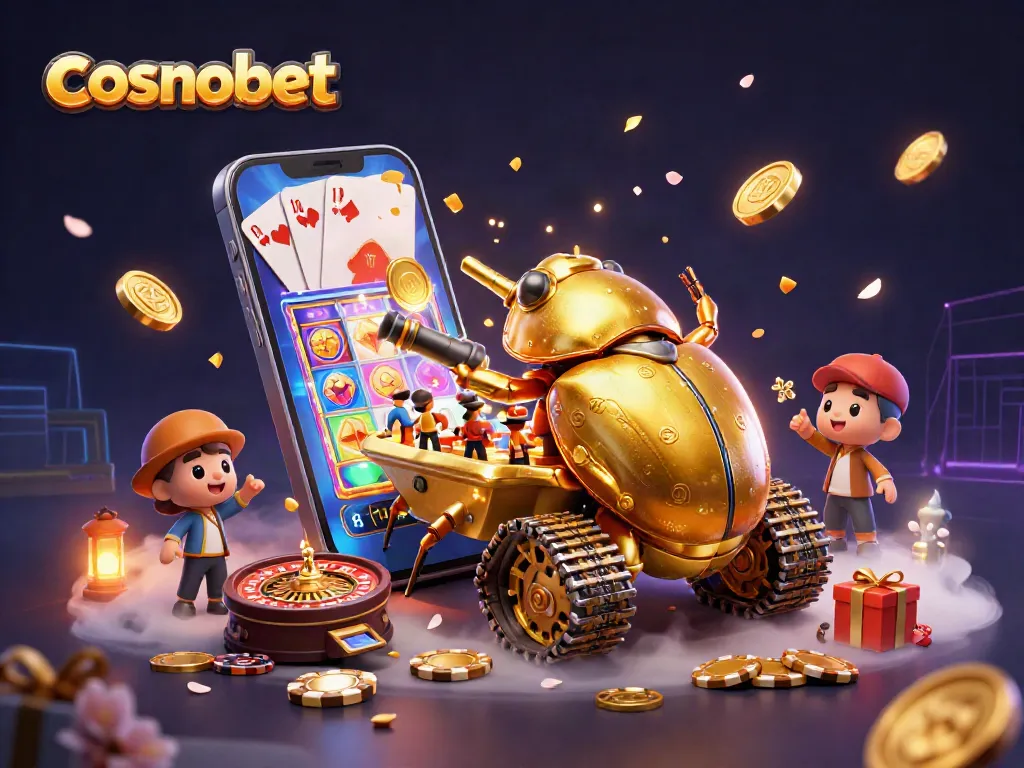 Experience the excitement of cosmobet with a vibrant 3D casino scene filled with slots and confetti.