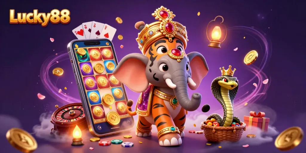 Experience Lucky88's exciting gaming with a vibrant scene featuring cartoon characters and dynamic casino elements.