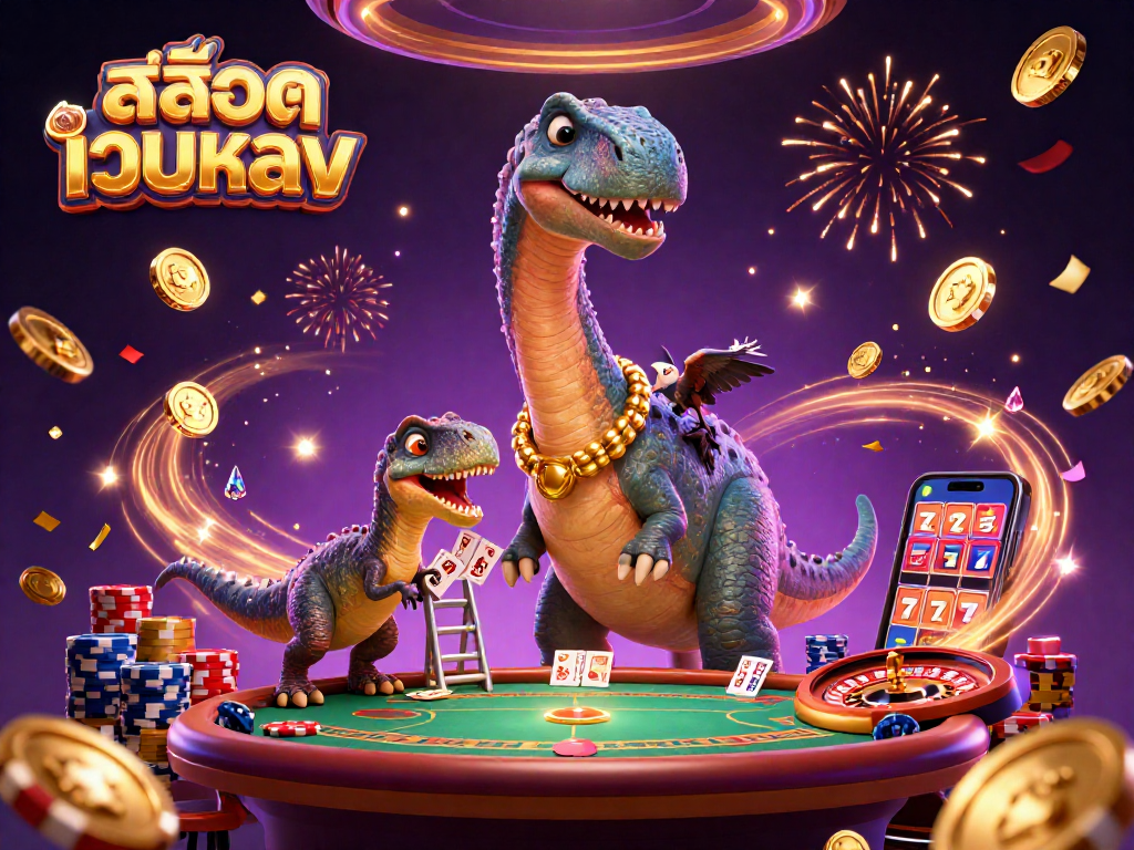 Engage with สล็อตเว็บตรง featuring a soaring brontosaurus among dazzling casino elements.
