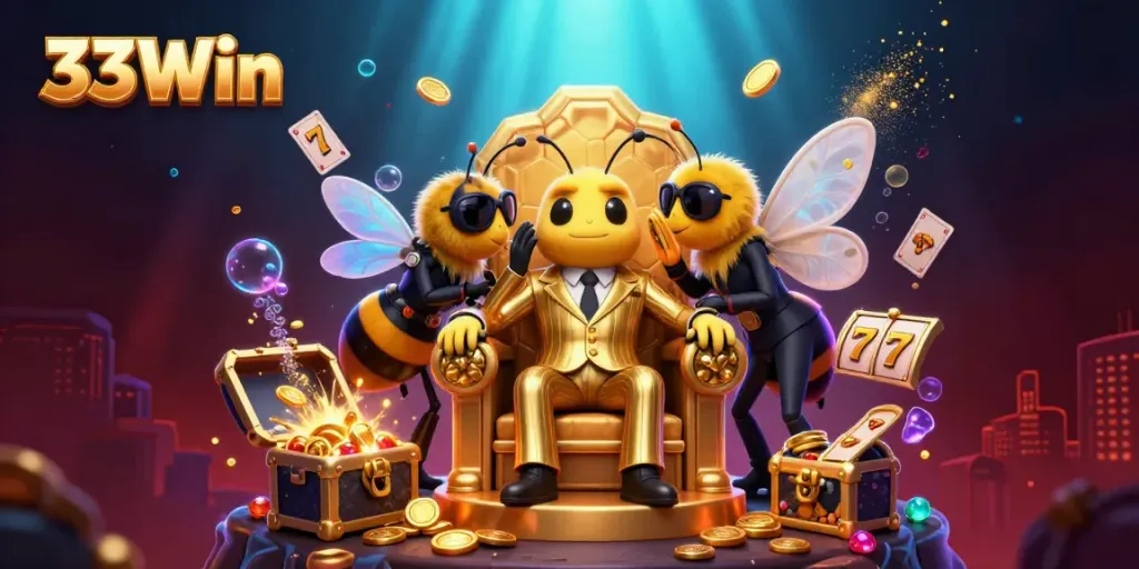 Play games at 33Win with a vibrant 3D casino scene featuring a bee mob boss and treasure.