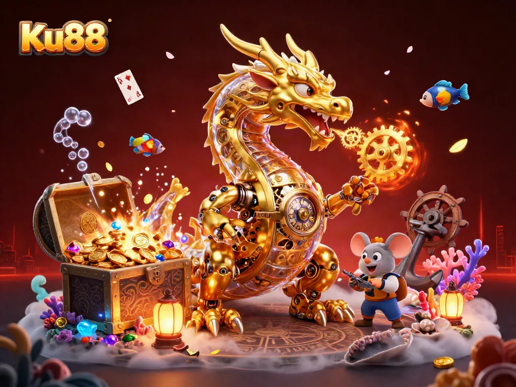 Experience the thrill of betting at Ku88 with 3D dragon and casino-themed elements illustrating a vibrant gaming world.