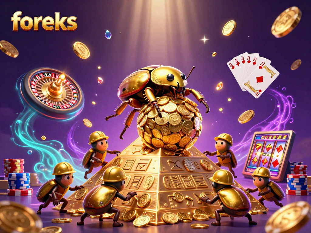 Foreks engages players with a vibrant casino scene featuring rolling golden coins and sparkling gems.