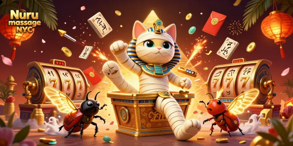 Nuru massage NYC animated scene featuring a mummy cat and scarab beetle amidst slot machines and poker elements.