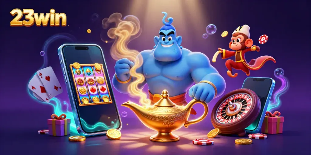 Experience the thrill of 23win with a genie, monkey, and magic carpet amid slot games and casino elements.