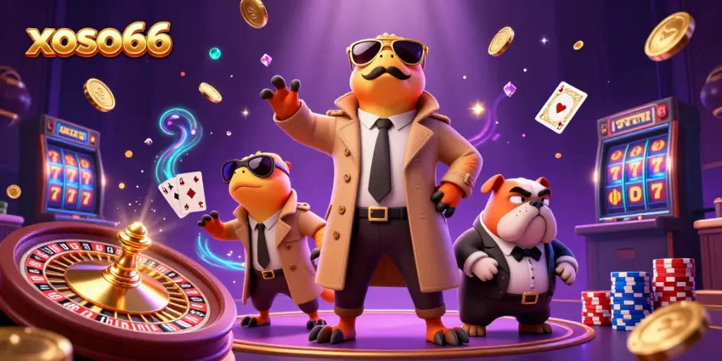 Experience thrilling wins at xoso66 with raptors in a trench coat entering a casino lounge, surrounded by casino imagery.