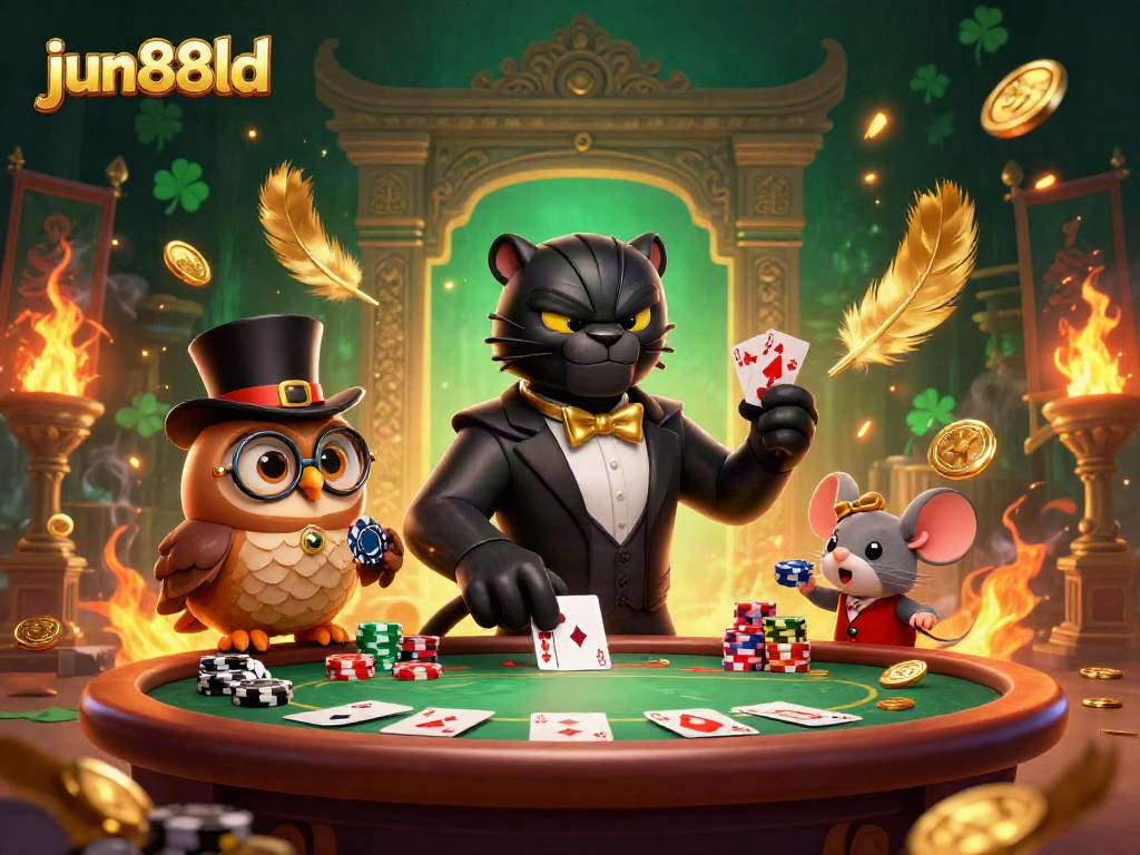 Engage with jun88ld's exciting poker scene featuring a stylish panther, wise owl, and lucky mouse.