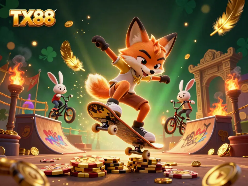 Engage in thrilling gaming at TX88 with a dynamic illustration of a skateboarder fox and BMX rabbit in a vibrant casino scene.
