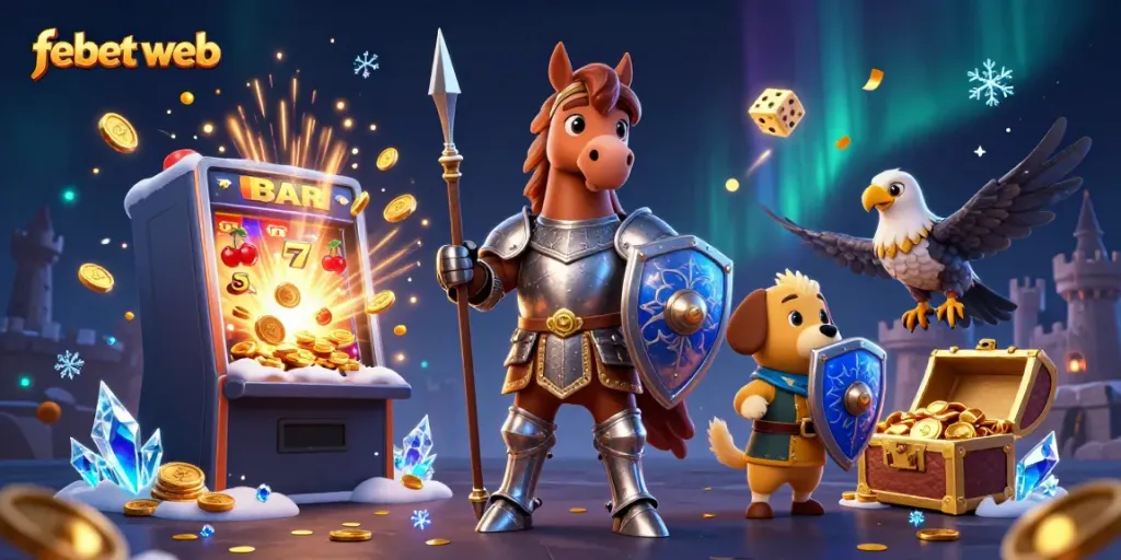 Experience the thrill of winning at febet web with a vibrant 3D casino scene illustrating a jackpot celebration.