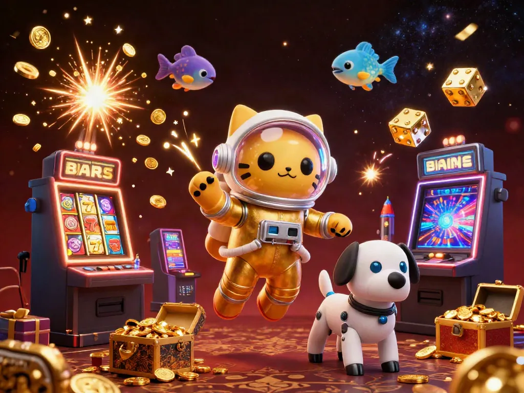 Experience the excitement of rolling jackpots at fv 88, featuring a space astronaut cat and robot dog amid scattered casino treasures.