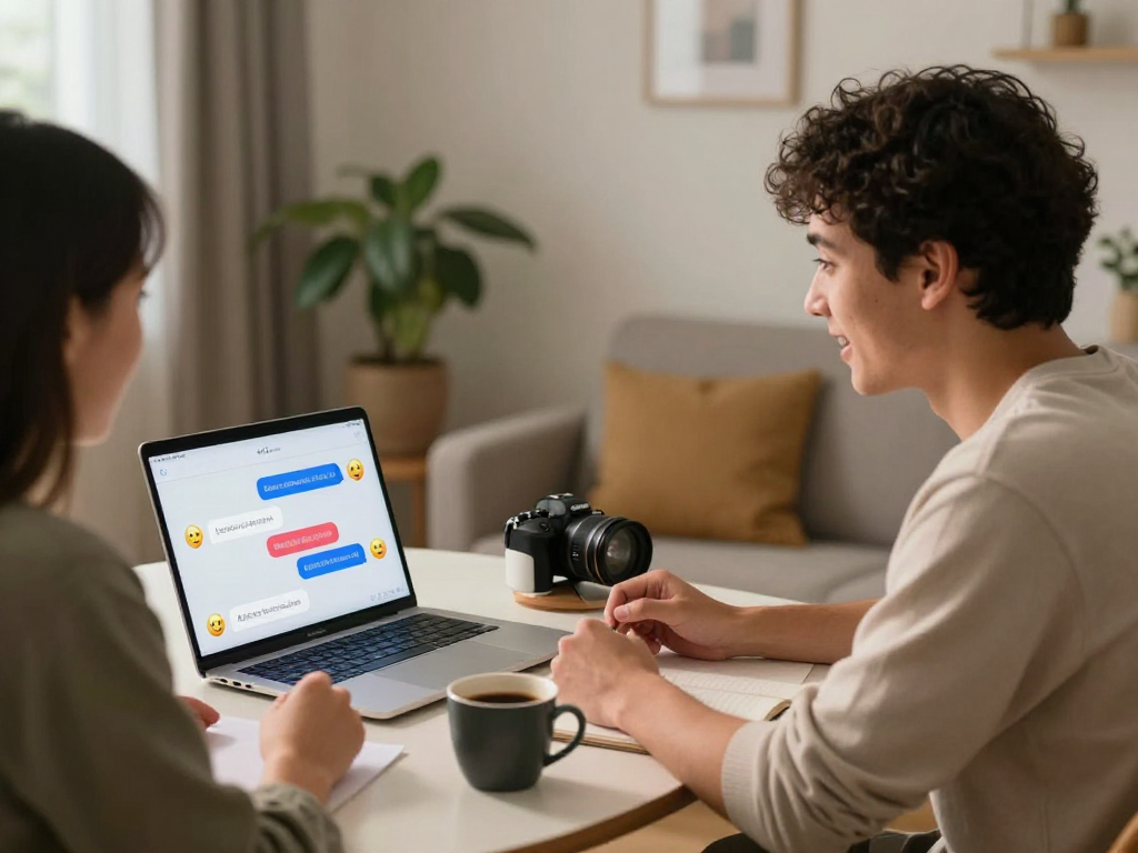 Interactive nsfw ai chat scene with users conversing via laptops in a cozy home.