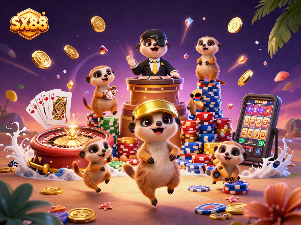 SX88 meerkats thrill with an elaborate casino operation, showcasing excitement in a vibrant atmosphere.