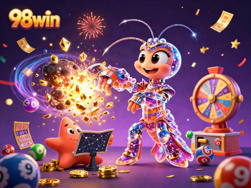 Engage with 98win in a colorful gambling scene filled with flashing prizes and vibrant characters.