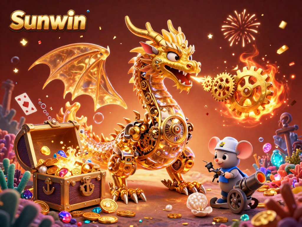 Experience the vibrant casino world with Sunwin's 3D dragon and gold treasures.