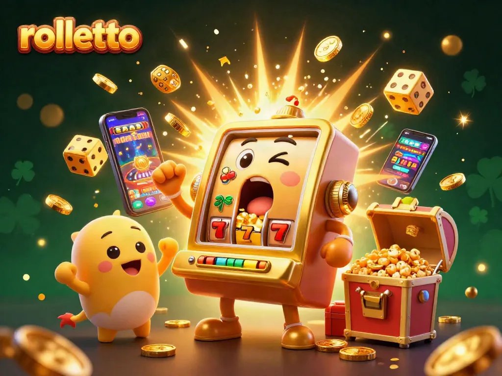 Experience rolletto's excitement with a 3D golden slot machine hitting a jackpot surrounded by cheering machines.