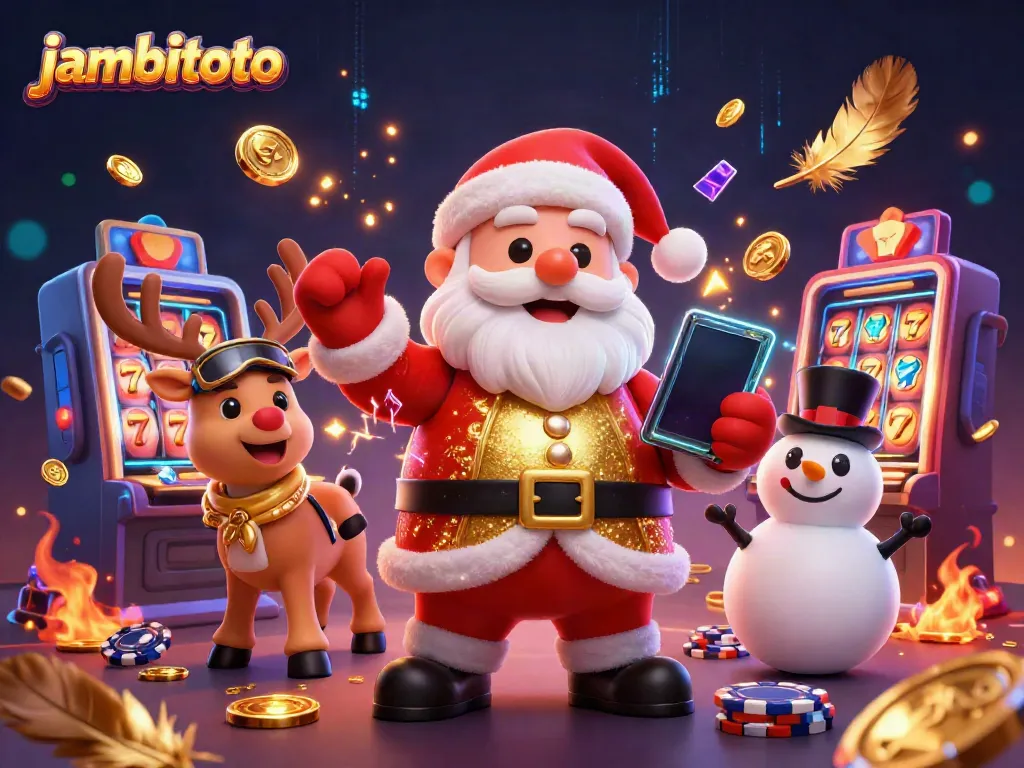 Experience thrilling jackpot wins with jambitoto as Santa and friends celebrate in a vibrant casino scene.