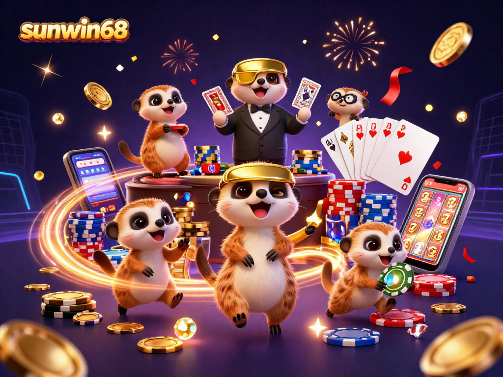 Bet on excitement with sunwin68 featuring animated meerkats managing a vibrant casino scene!