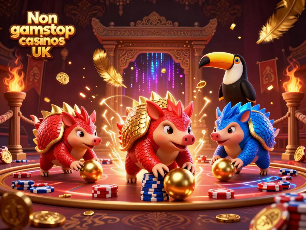 Engage in Non gamstop casinos UK with lively pangolins rolling through poker chips in a vibrant 3D scene.