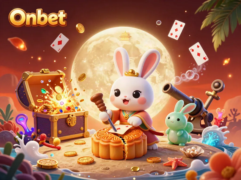 Experience the thrill of Onbet with a vivid casino scene featuring poker chips and a moon rabbit.