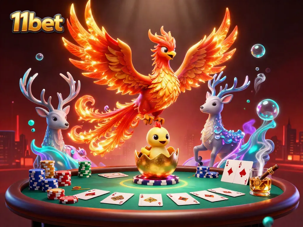 Engage with 11bet's vibrant online casino space, featuring a phoenix and poker elements.