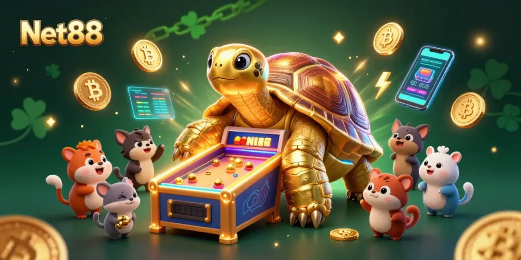 Experience the vibrant excitement of Net88 with a golden tortoise pinball machine surrounded by crypto elements.