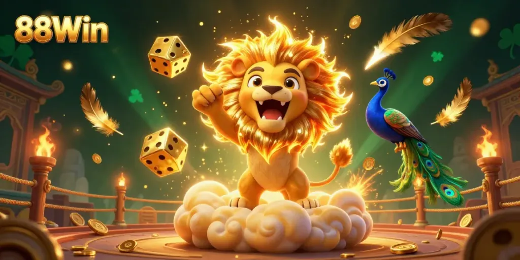Experience the thrill of winning at 88Win with this vibrant casino scene featuring a majestic lion, golden dice, and dynamic game elements.