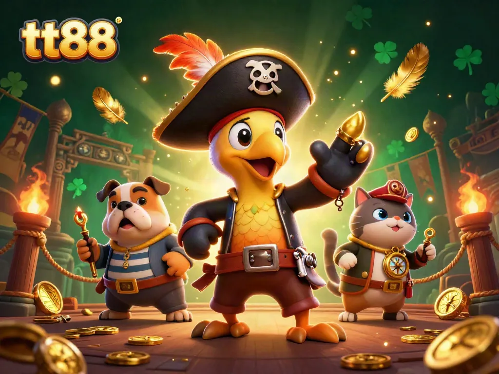 Engage in thrilling gaming adventures at tt88, featuring cartoon pirate captain, bulldog, and cat amid a dynamic casino backdrop.