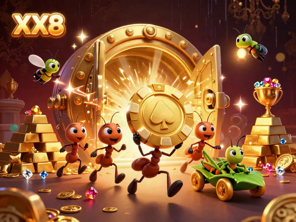 XX8 team of ants executing a heist with a giant poker chip in an exciting casino-themed scene.