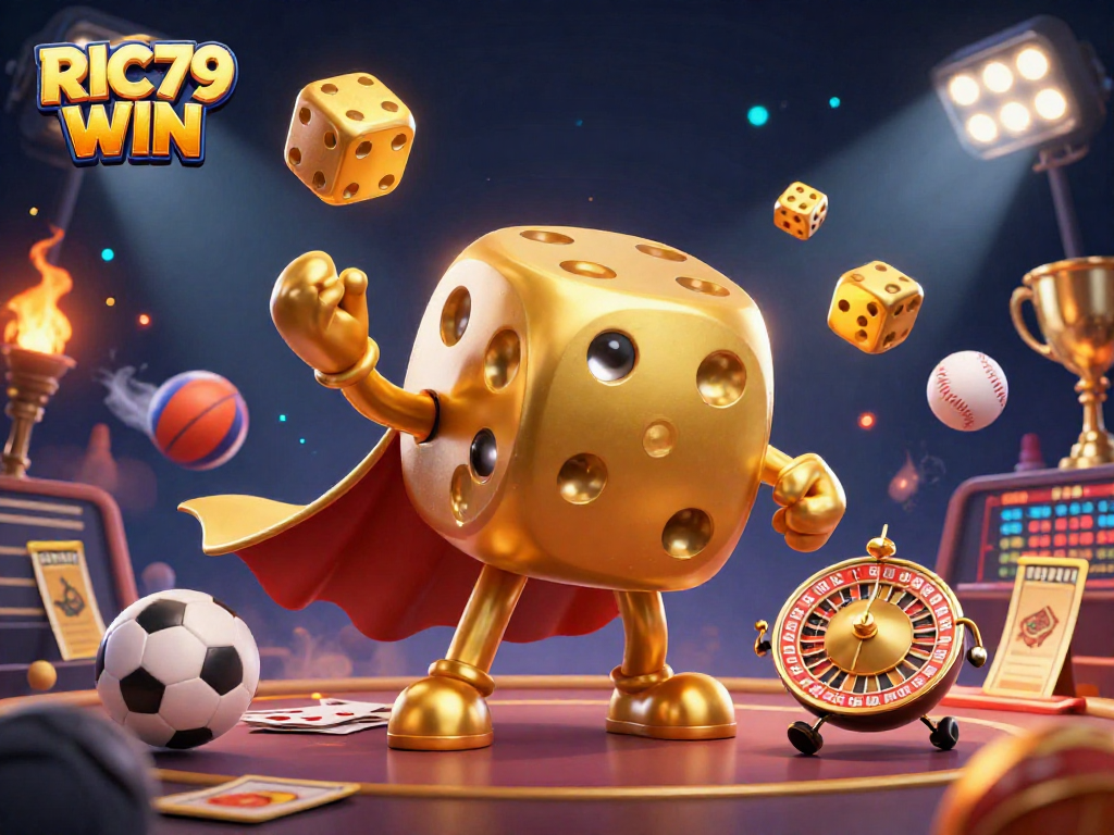 Experience exhilarating gameplay with RIC79 WIN, showcasing a vibrant casino scene with animated golden dice and dynamic sports elements.