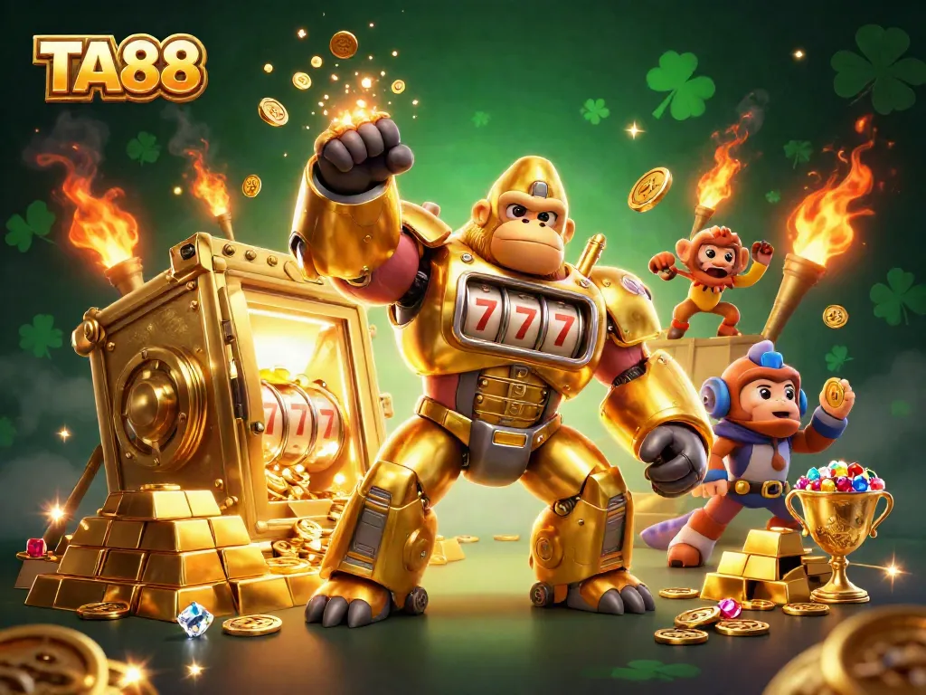 Engage with TA88's immersive gaming experience amidst golden treasures and dynamic slot machines.