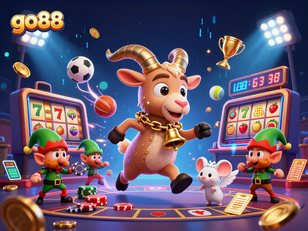 Bet on go88 with festive casino chaos featuring Krampus, angel mouse, and gremlins stealing chips.