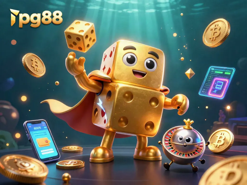 Experience the excitement of pg88 with a dynamic scene of a 3D golden dice golem and vibrant casino elements.