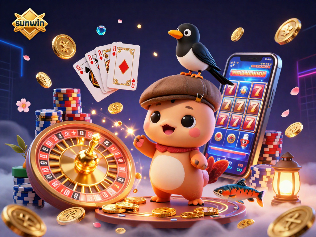 Win big with sunwin by exploring a vibrant 3D scene featuring playful characters surrounded by casino elements.