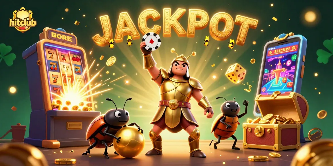 hitclub capitalizes on excitement with a victory scene featuring casino elements and animated characters.