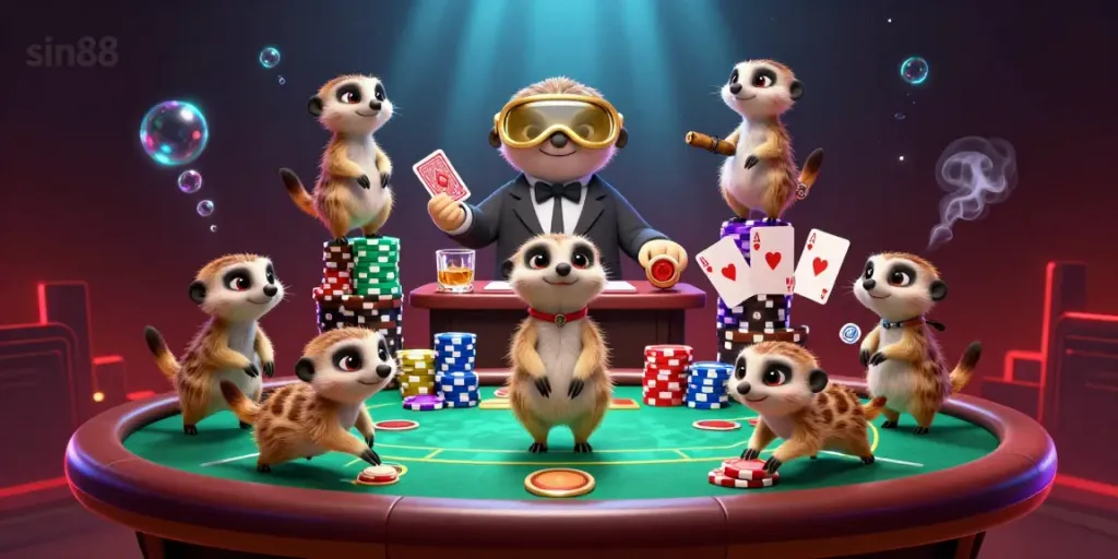 Win big at sin88 with a lively meerkat casino scene featuring card dealers and vibrant poker action.