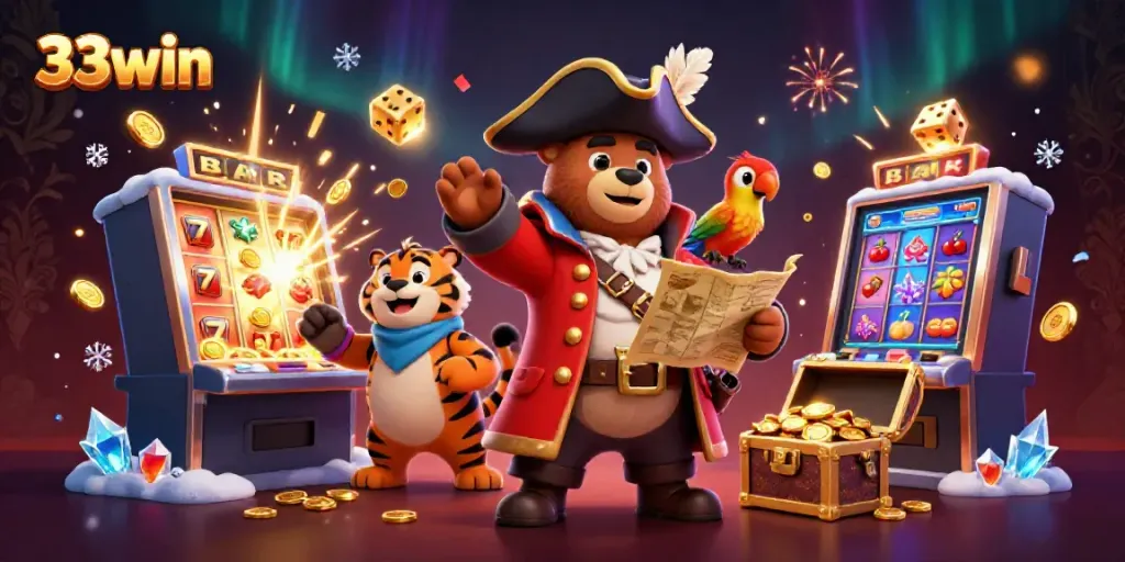 Engage with 33win through this vibrant, action-packed 3D scene featuring a pirate bear and tiger amid bursting casino elements.