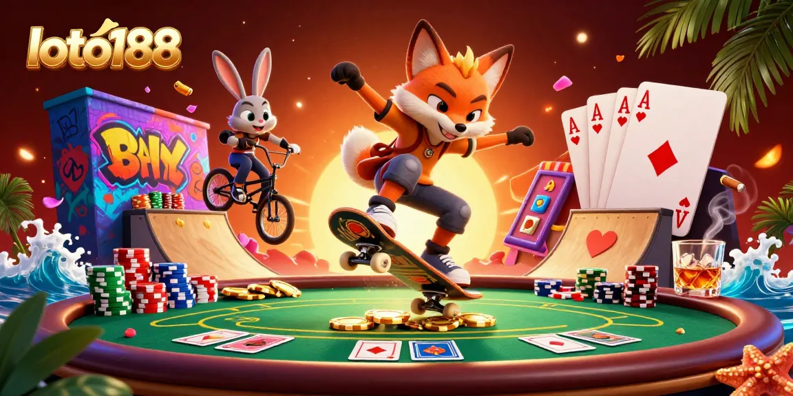 Experience thrilling gameplay with loto188 as a fox performs tricks over golden poker chips in a vibrant casino.