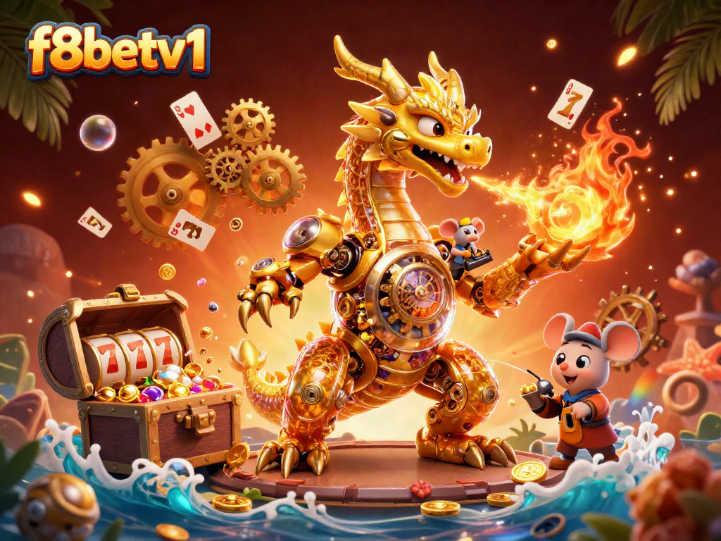 f8betv1 showcases an ultra-detailed dragon with gears amidst vibrant casino elements, enhancing the gaming experience.