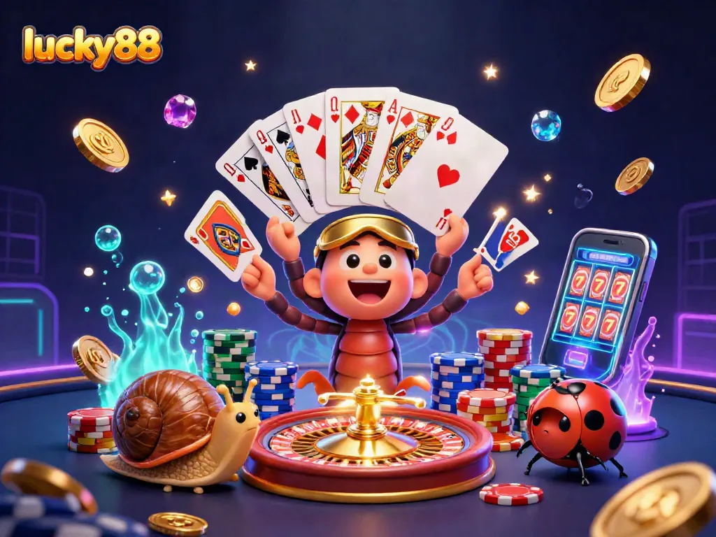 Experience the thrill of playing lucky88 with dynamic casino elements and cartoon characters.